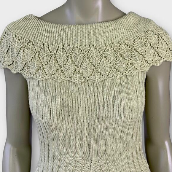Cato Vintage Crochet Sleeveless Ribbed Knit Sweater Bertha Collar Size S Tan - Picture 4 of 16